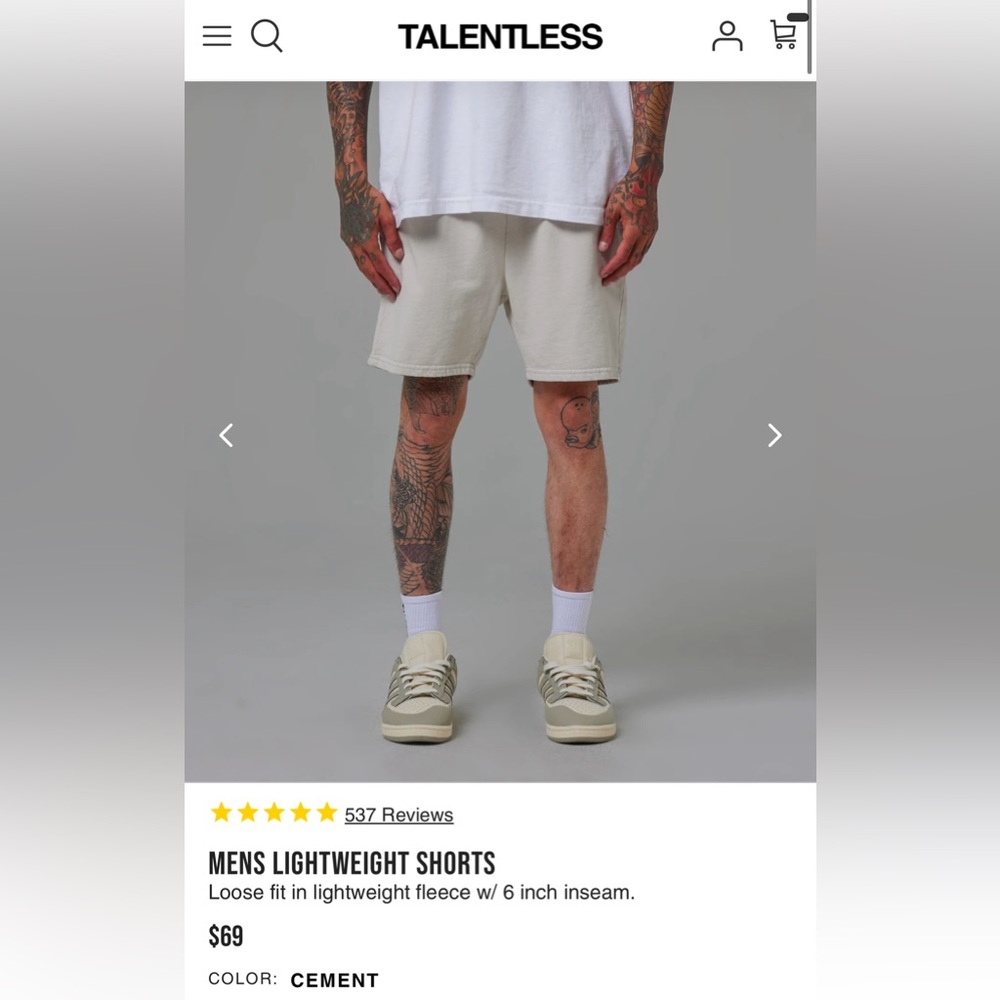Talentless Lightweight Fleece Shorts Size XL 6” Inseam Cement